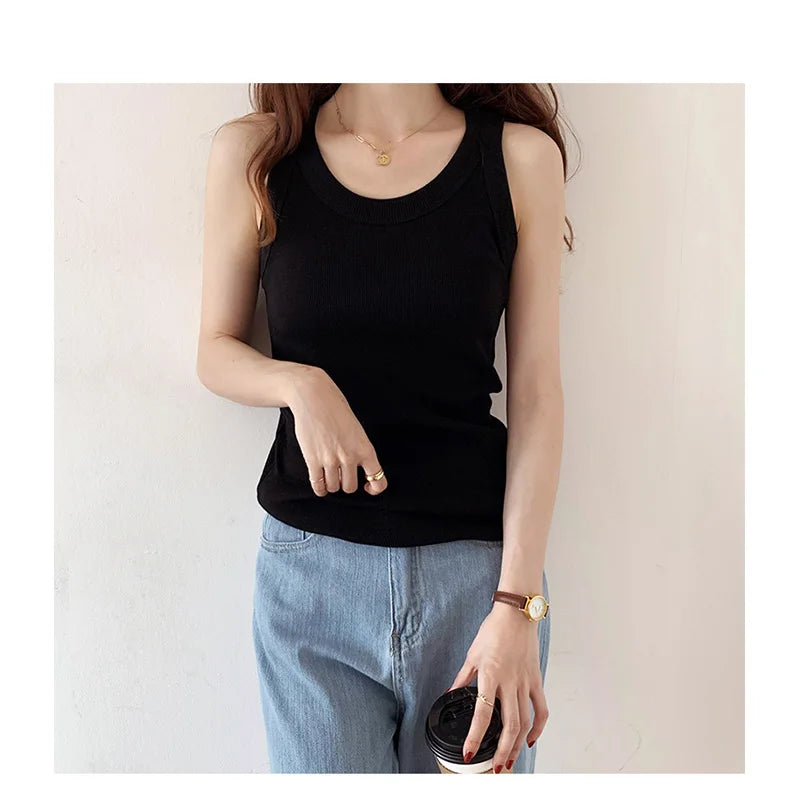 Summer Knitted Solid Color Tanks Top White Skinny Camisole Women Basic Camisole T-Shirt