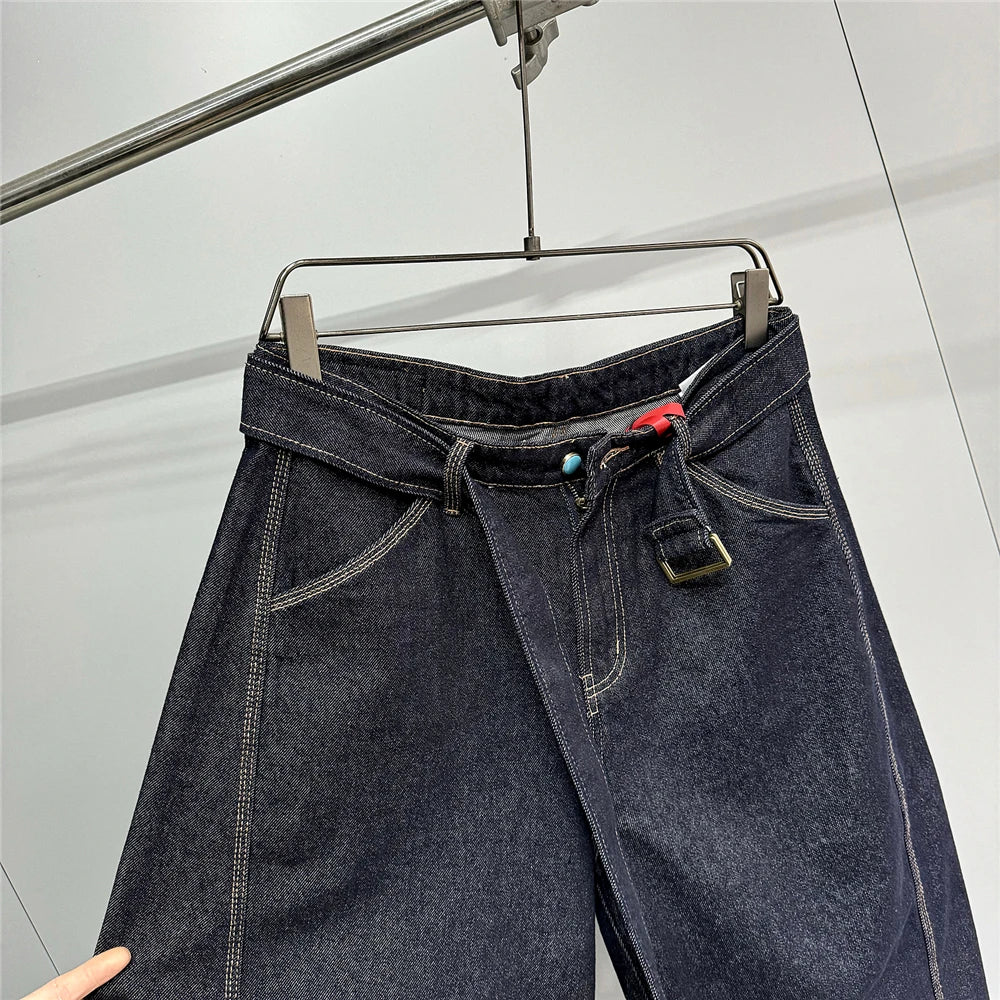 Mens American High Street Baggy Jeans Navy Blue Premium Denim Wide Leg Straight Loose Fit Korean Streetwear Trendy Pants Male