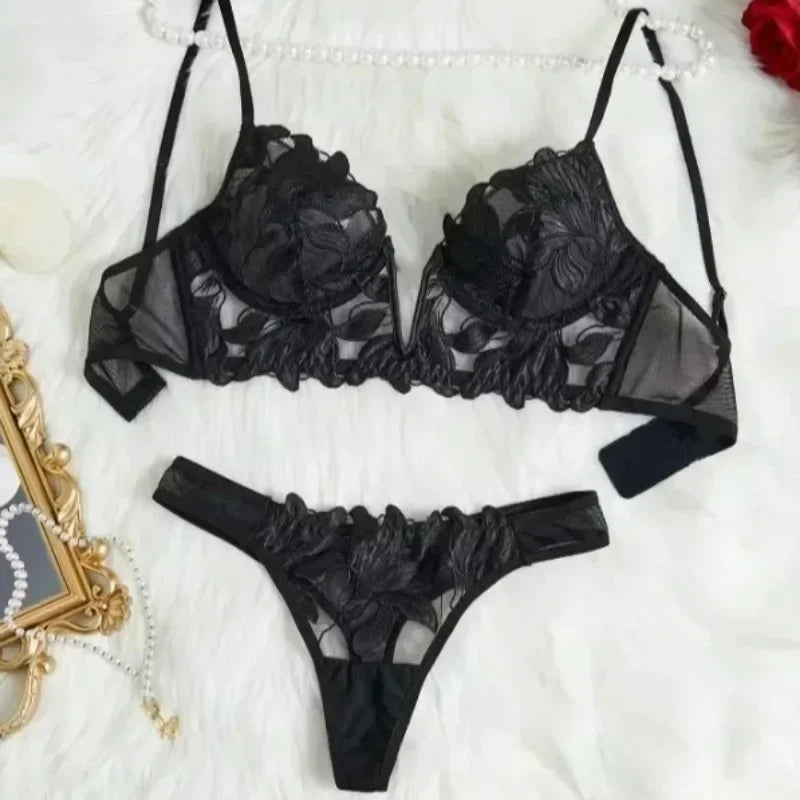 Fairy Lingerie Floral Valentine Charming Brief Panty Underwear Sexy Nighty Fancy V Underwear Brief Set for Lady  See Through Bra