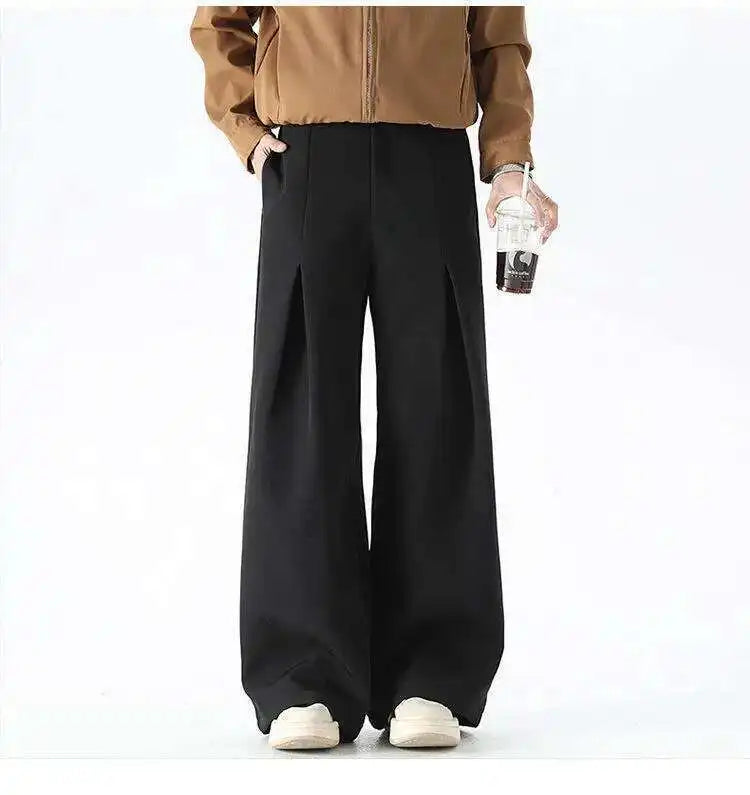 IEFB Pleated Design Men's Suit Pants Casual Solid Color American Style Bottom Drape Straight Wide Leg Male Trousers Simple 9W717