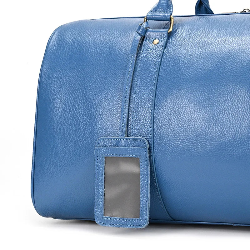 Sac de voyage en cuir véritable de grande capacité pour hommes et femmes, en cuir de vache noir souple, polochon de voyage décontracté, grand sac à bandoulière pour week-end