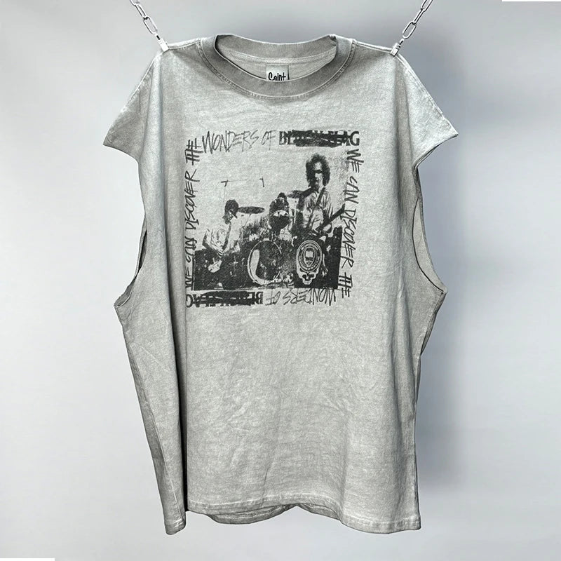 Hip Hop Vintage Washed Black Damaged Hole Tank Men Women Top Quality Cotton Oversized Saint Vest Stitching Sleeveless T Shirt