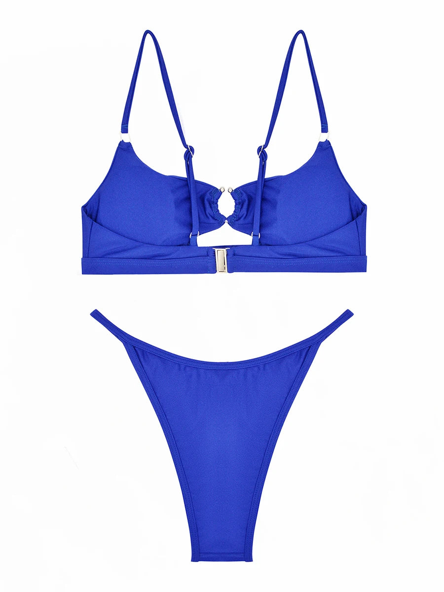 Hollow Out Bikini 2025 Solid Ring Link Swimsuit Women Padded Swimwear Female Bathers Bathing Swimming Swim Suit Beachwear