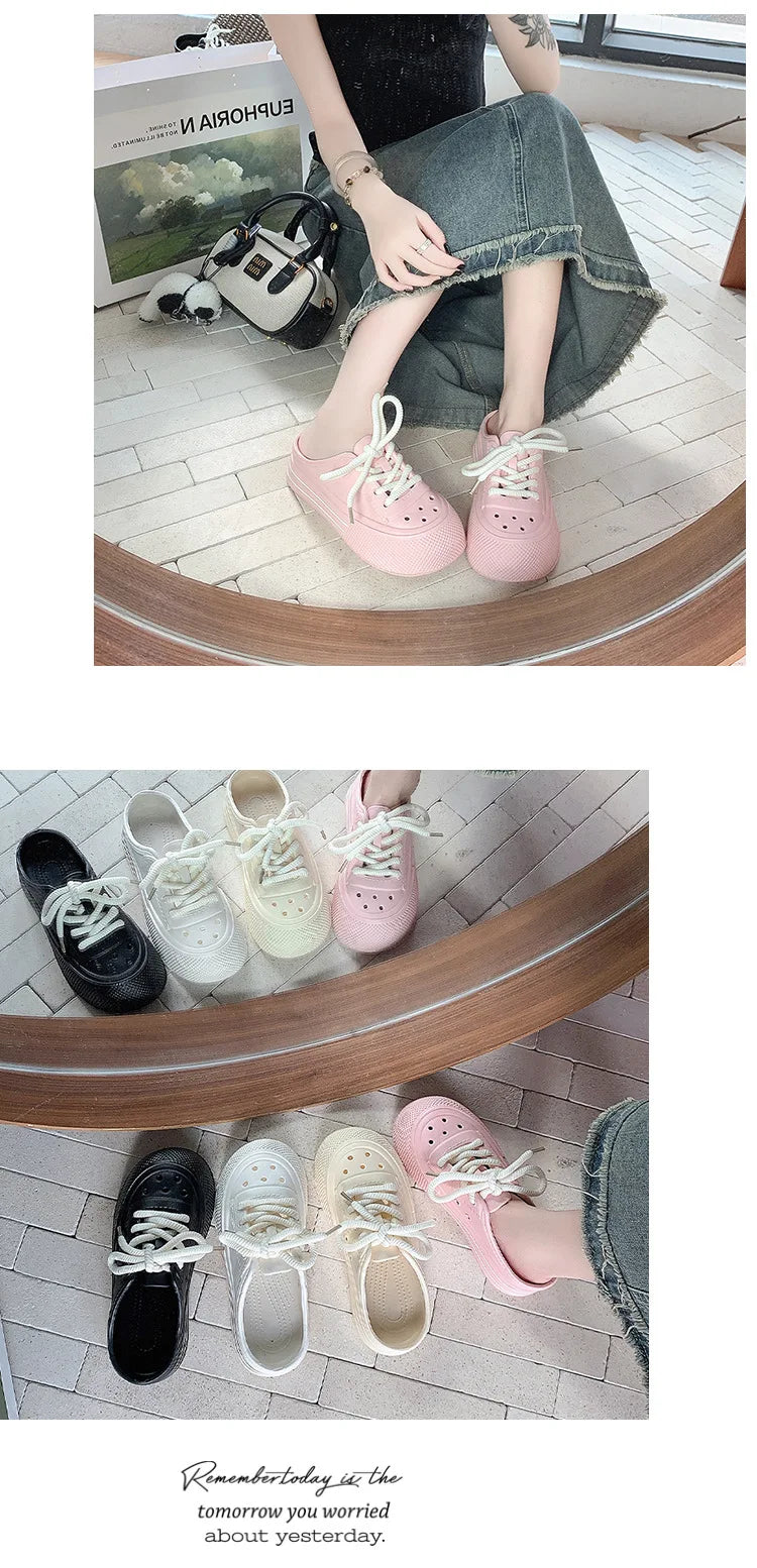 Women Fashion Clogs Lace-up Platform Slippers Summer Shoes Soft EVA Anti-slip Female Beach Street Slides Thick Sole Sandals
