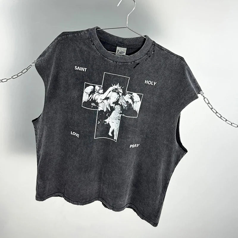 Red Skull Finger Print Damaged Hole Saint Tank Tee Men Women Streetwear Oversized Vest Vintage Washe Black Sleeveless T Shirt