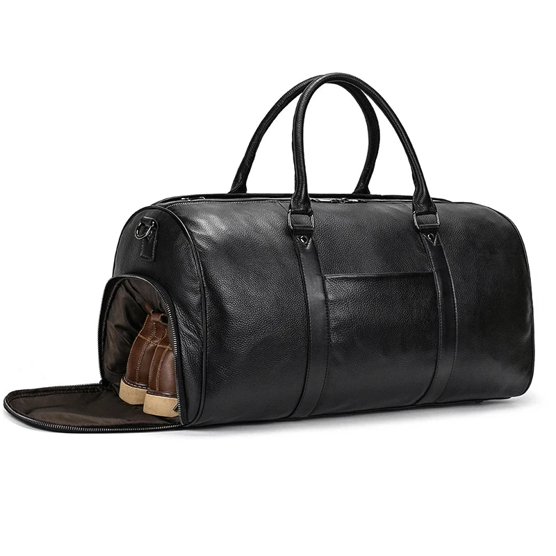 Sac de voyage en cuir véritable de grande capacité pour hommes et femmes, en cuir de vache noir souple, polochon de voyage décontracté, grand sac à bandoulière pour week-end