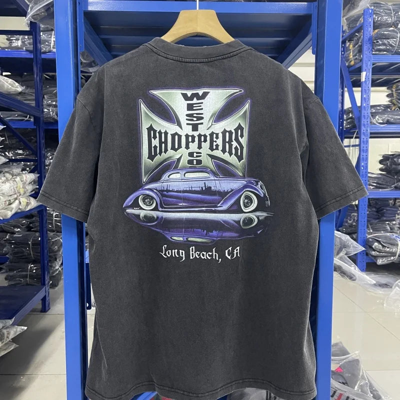 Vintage West Coast Choppers Printed T-Shirt Men's 100% Cotton Breathable Retro Biker Style Loose Fit Casual Streetwear