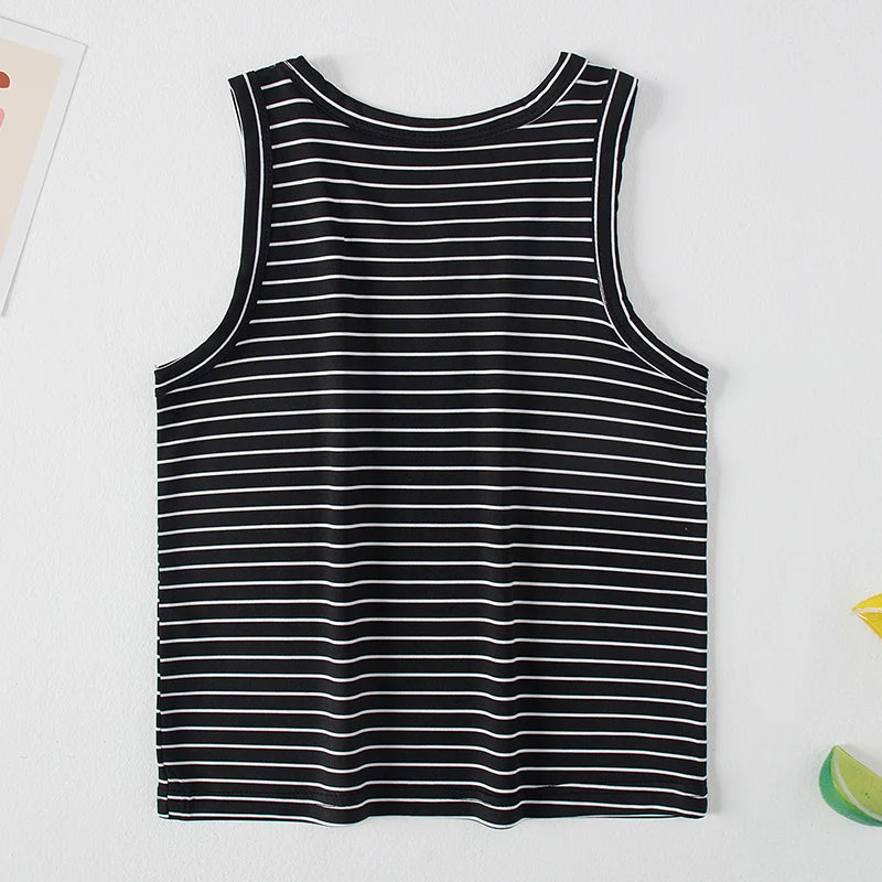 2-Pcs Children's Four Seasons Black And White Striped Vest Boy Leisure Sports Running Top Girl Basic Joker Fashion Bottoming Shi