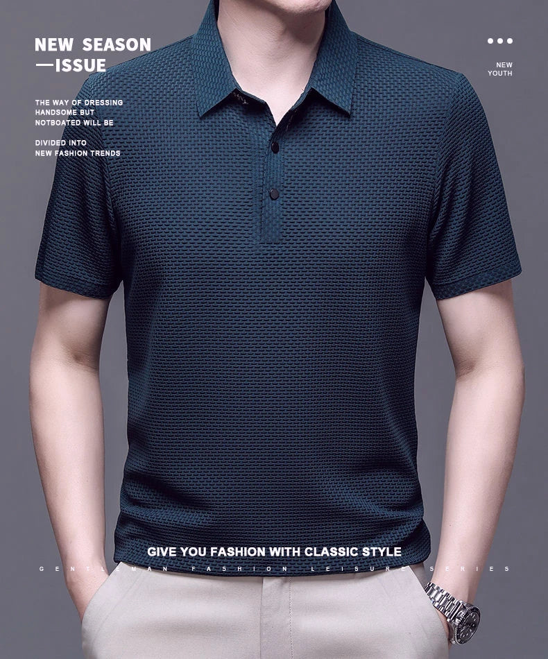 Summer New Men's Lop-up Hollow Short-sleeved Polo Shirt Ice Silk Breathable Business Fashion T-Shirt Male Brand Clothes