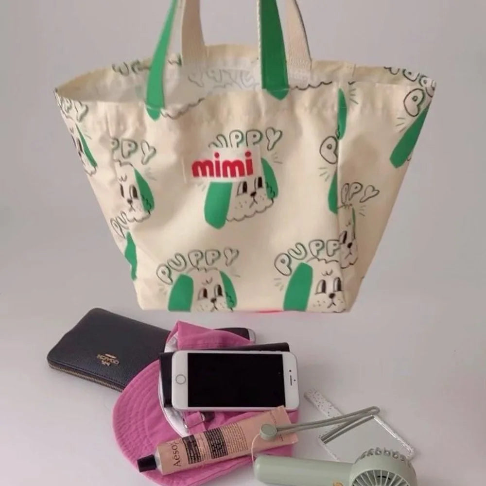 Cute Print Oxford Cloth Storage Bag Square Shape Beach Bag Large Capacity Lunch Bag Portable Shoulder Bag Creative Handbag