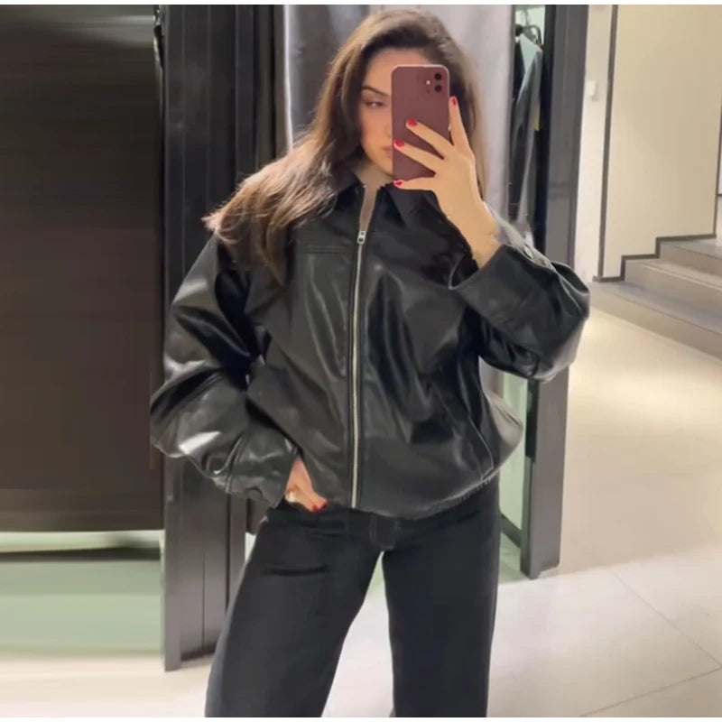 PU Leather Jacket For Women Zipper Turn-down Collar Loose Fashion Coat Luxury Brown 2025 Spring Street Motorcycle Overcoat Top