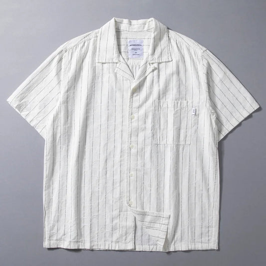 Men's Cuban Collar Linen Shirt - Summer Japanese-Inspired Retro Hong Kong Style Striped Casual Short-Sleeve Shirt with Jacquard