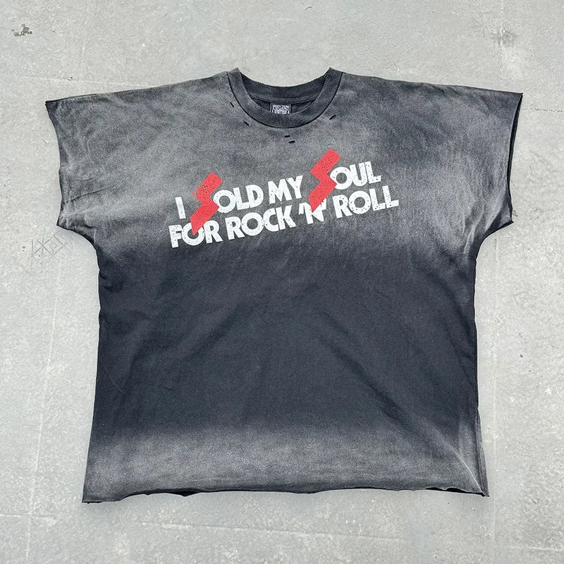 Graphics Print Vintage Washed Black Dirty Sleeveless T-Shirt Men Women Hip Hop Oversized Box Tee Best Quality Cotton T Shirt