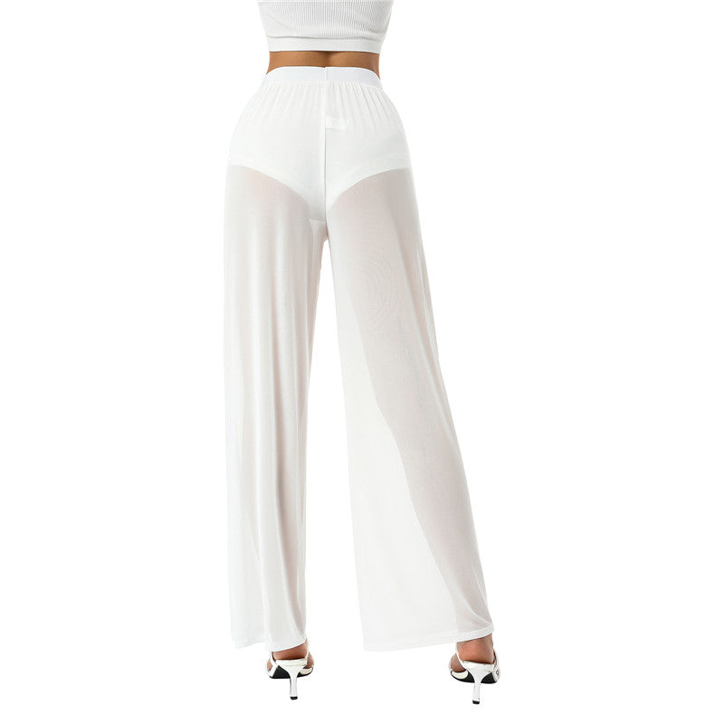 Women See Throug Mesh Cover up Pants Swimsuit Bikini Bottom Cover up Elastic Waist Loose Wide Leg Long Palazzo Pants Trousers