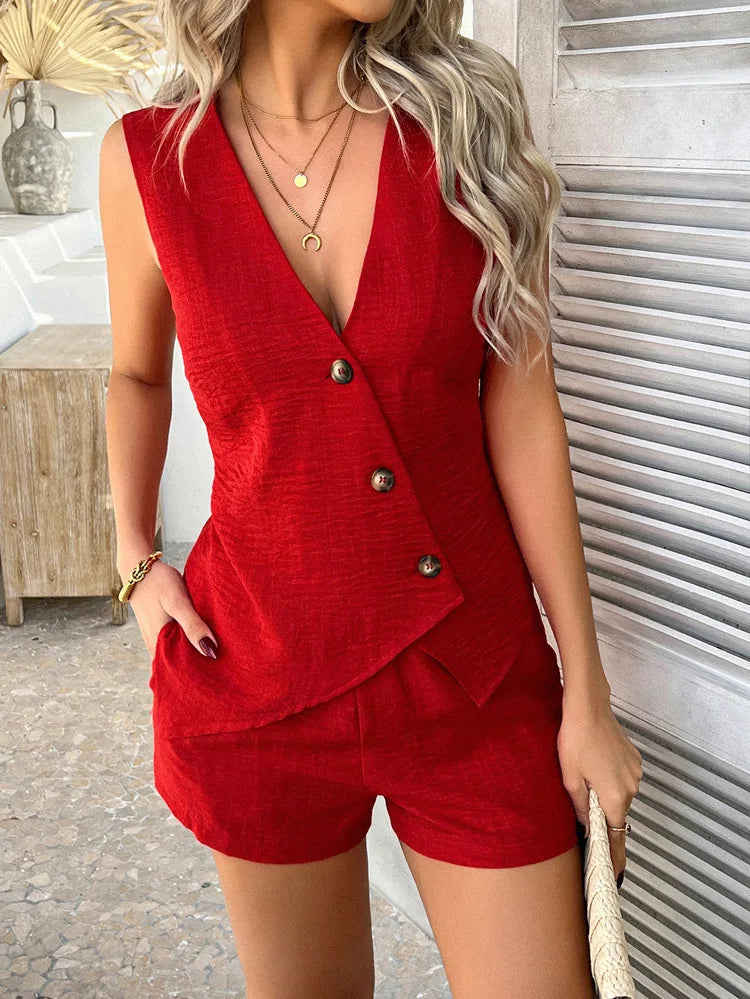 Fashion V-neck Asymmetrical Single-breasted Lady Waistcoat Two-piece Set Spring Summer New Casual Elastic Waist Women Shorts Set