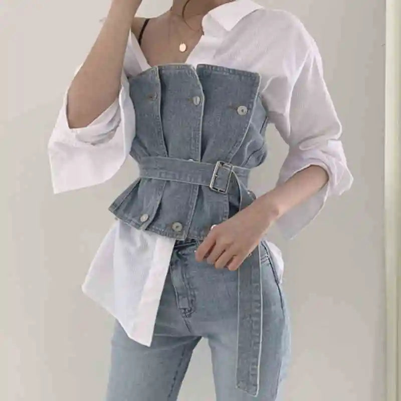 Fashion Strapless Denim Tops Summer Off Shoulder Women Short Vest With Belt Female Jean Tank Streetwear