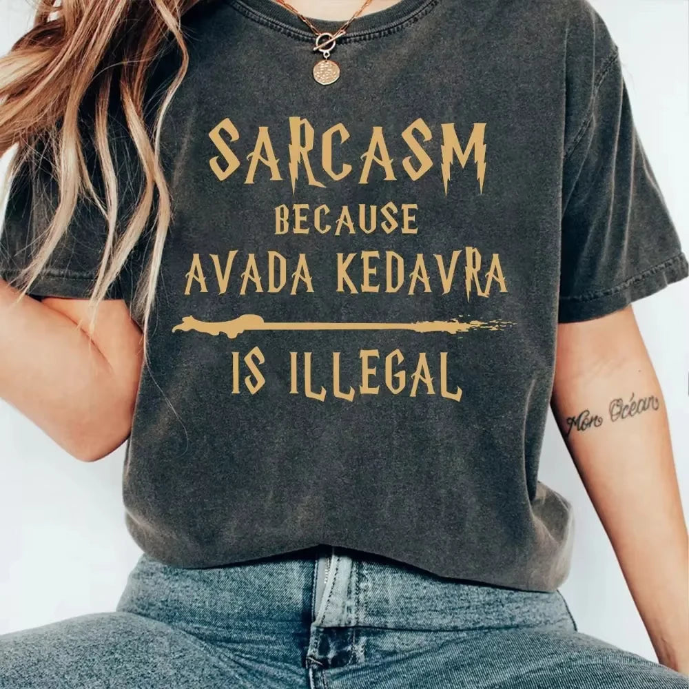 Retro Magic Wand Shirt Sarcasm Because Avada Kedavra Is Illegal Shirt Washed Tee Cotton Shirt Women Y2K Tops Girl Clothing