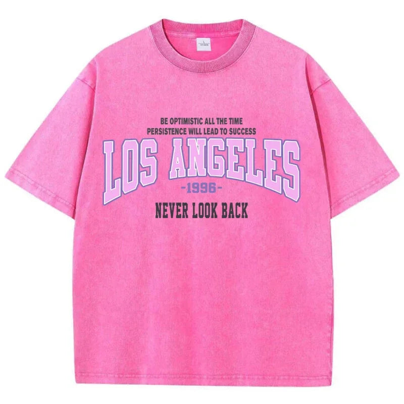 Cotton Washed T-Shirts Trend Distressed Loose Tees Los Angeles 1996 Printing Short Sleeve Summer  Clothes