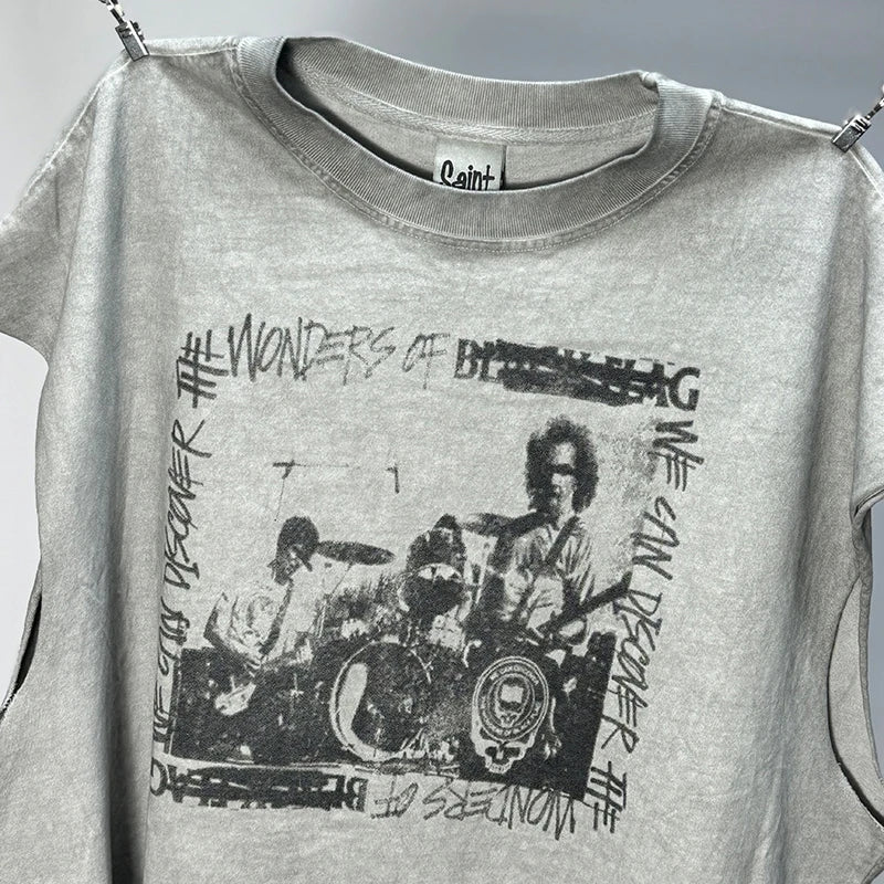 Hip Hop Vintage Washed Black Damaged Hole Tank Men Women Top Quality Cotton Oversized Saint Vest Stitching Sleeveless T Shirt