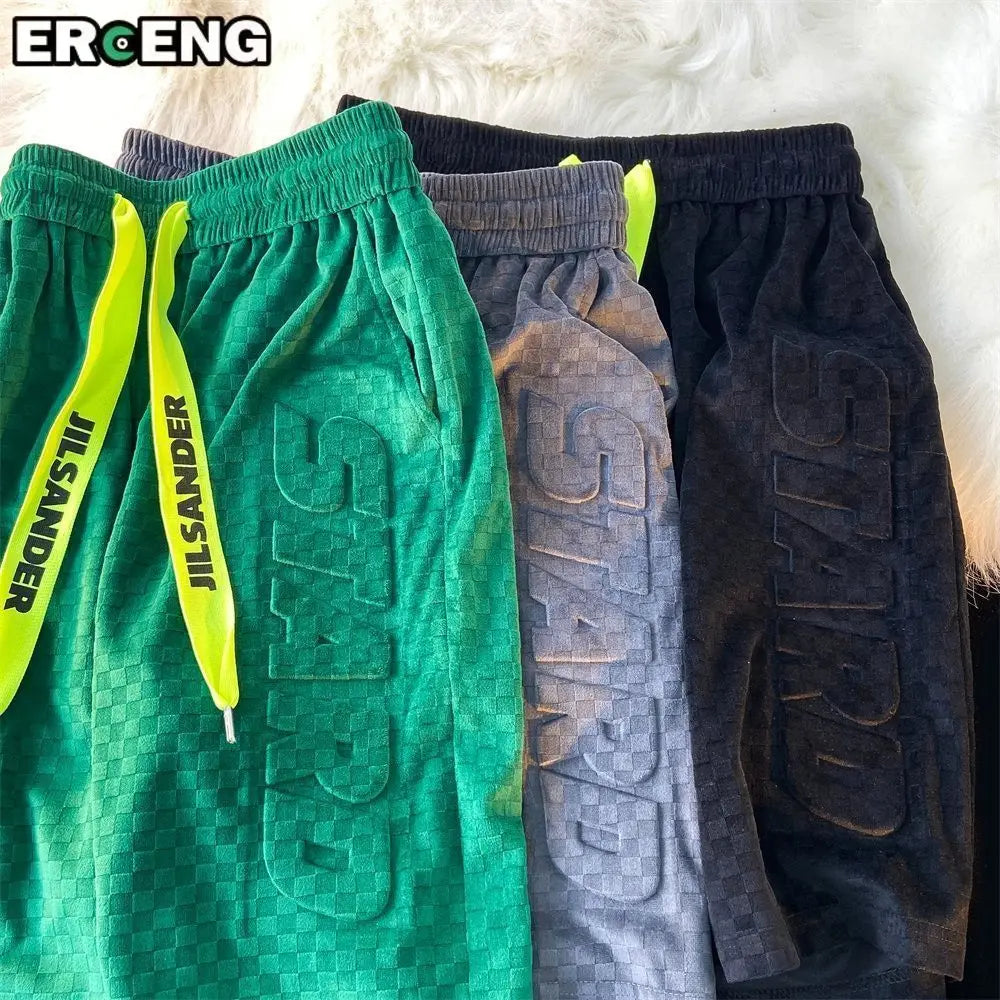High Street Foam Letter Velvet Shorts Men's Fashion Casual Summer Loose Sports Shorts