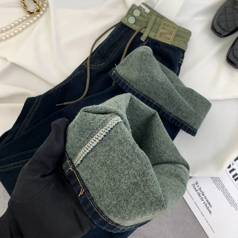 Korean Design Drawstring Baggy Straight Jeans Women Vintage Casual High Waist Wide Leg  Denim Pants Streetwear Loose Vaqueros