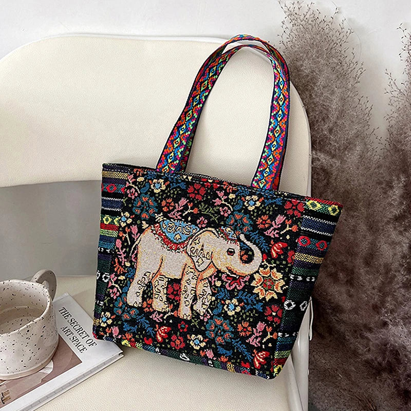 Animal Ethnic Style Handbag Trendy Elephant Embroidery Handbag Owl Canvas Women Shoulder Bags Women Tote Bag