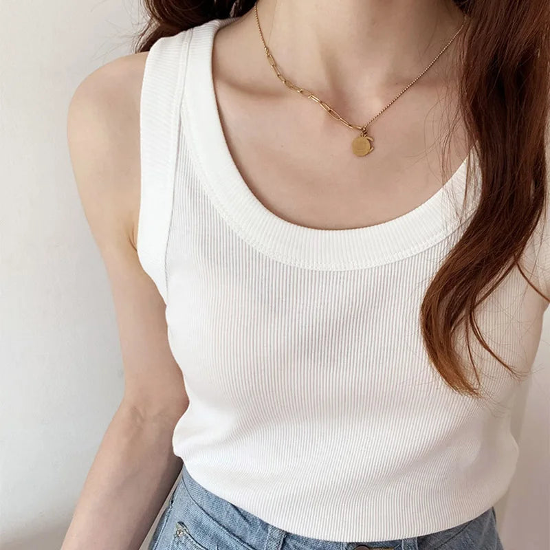 Summer Knitted Solid Color Tanks Top White Skinny Camisole Women Basic Camisole T-Shirt