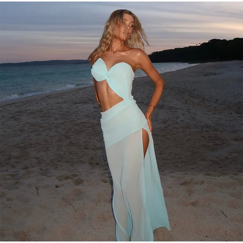 Sexy Backless lace Up Long Dress Women Elegant Sleeveless Side Split Off Shoulder Dresses Female 2025 Summer Beach Party Robes