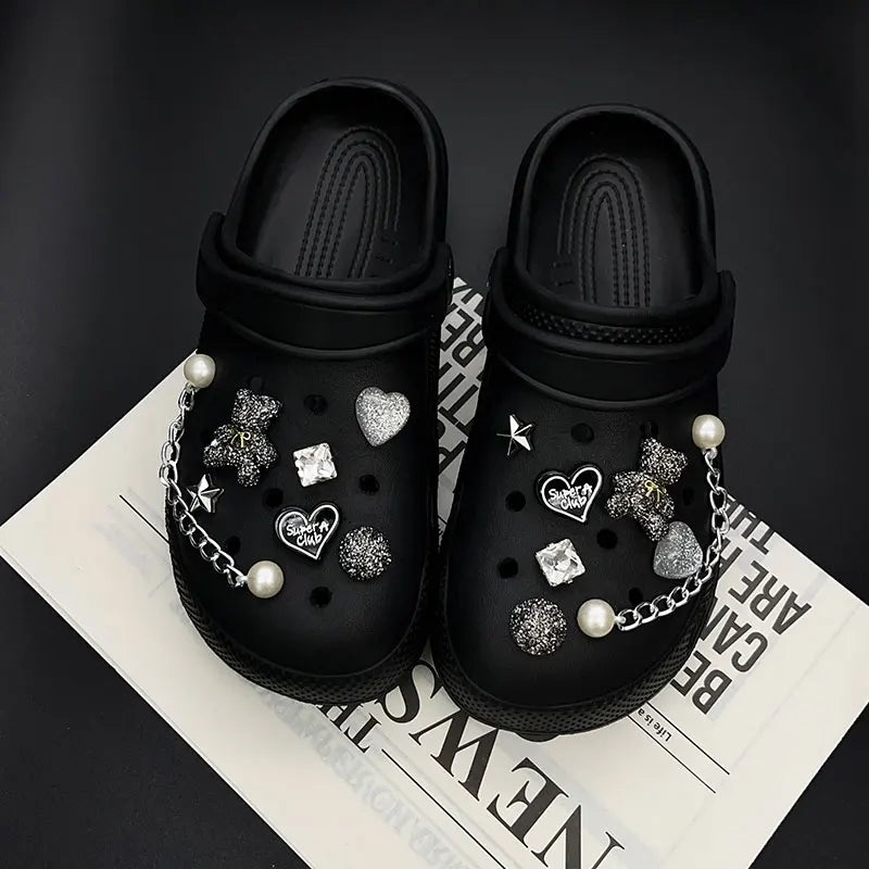 Sparkling Bear Love Rhinestone Pearl Chain Shoe Charms for Crocs Clogs Pins Decorations Slipper Accessories Garden Sandals Gift