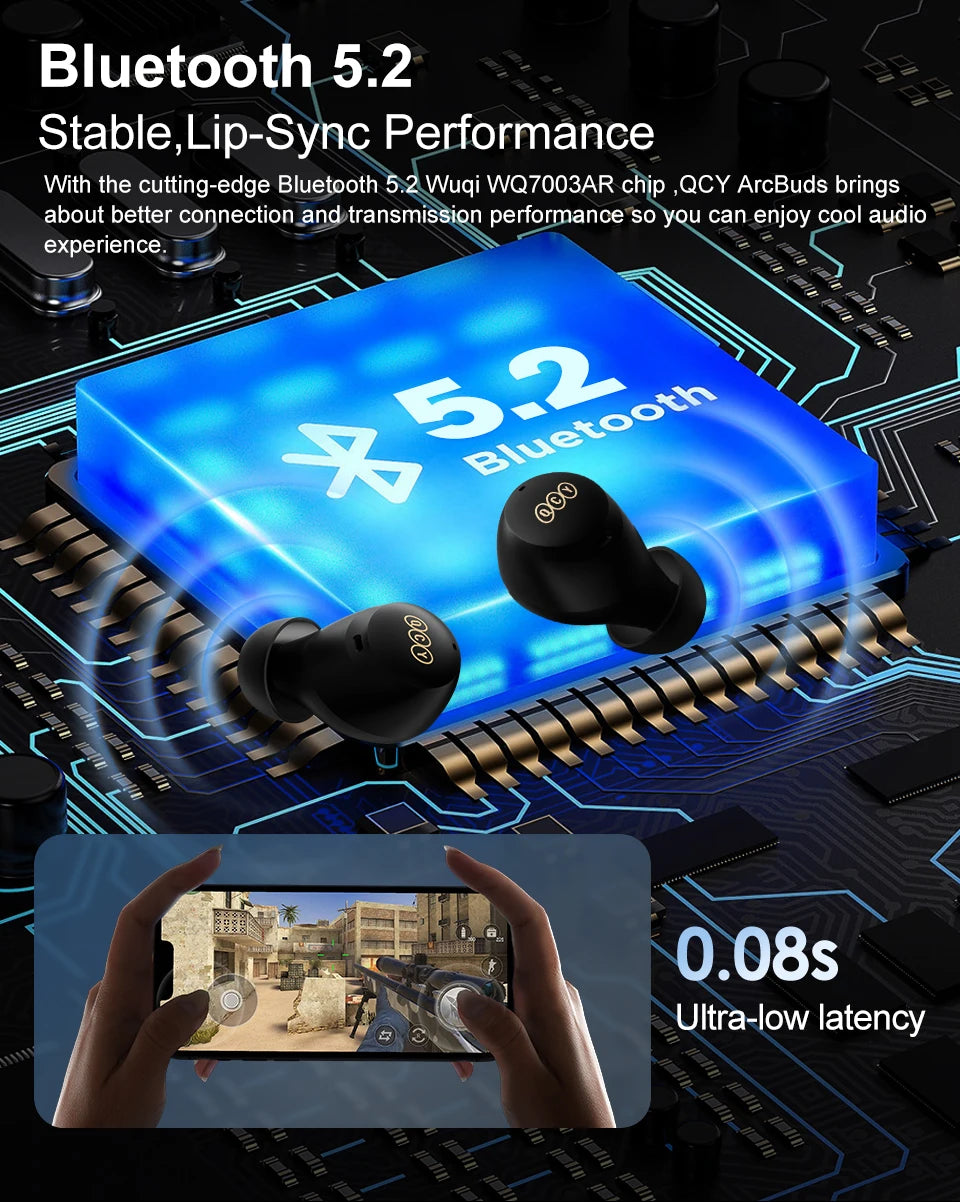 QCY HT07 ANC Wireless Earphones 40dB Active Noise Cancelling Headphones 6 Mic AI HD Call Bluetooth 5.2 TWS Earbuds 32H Playback