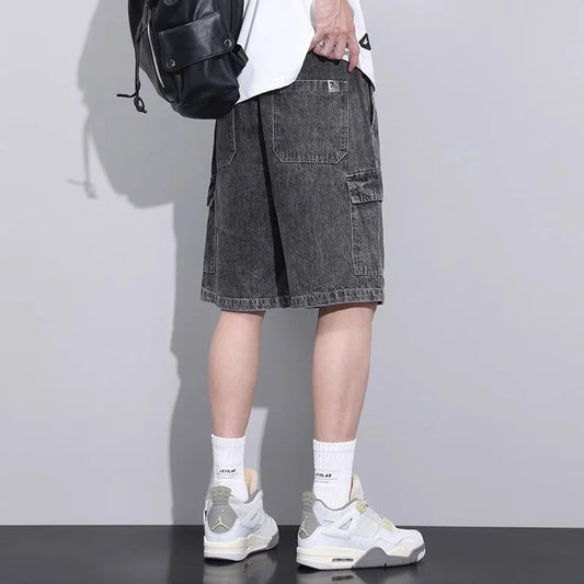 2025 Summer High Street Baggy Cargo Denim Shorts For Men Y2K Vintage Drawstring Jorts Korean Fashion Blue Short Jean Pants