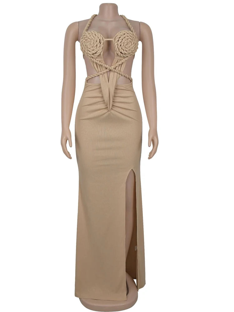 Bonnie Forest Gorgeous Cut-Out Ruched Bandage Long Dress For Women Chic Summer Halter Neck High Slit Party Dresses Beach Vestido