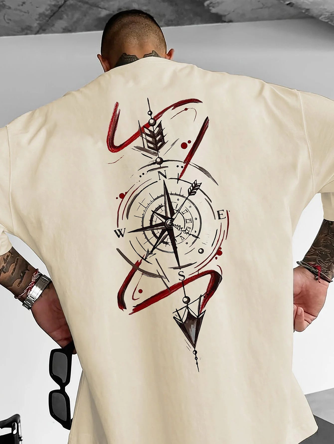 Compass Pattern Printed T-shirt Men Summer Sweat-absorbing Breathable Comfortable Top Outdoor Short Sleeve Trendy Men's Clothing