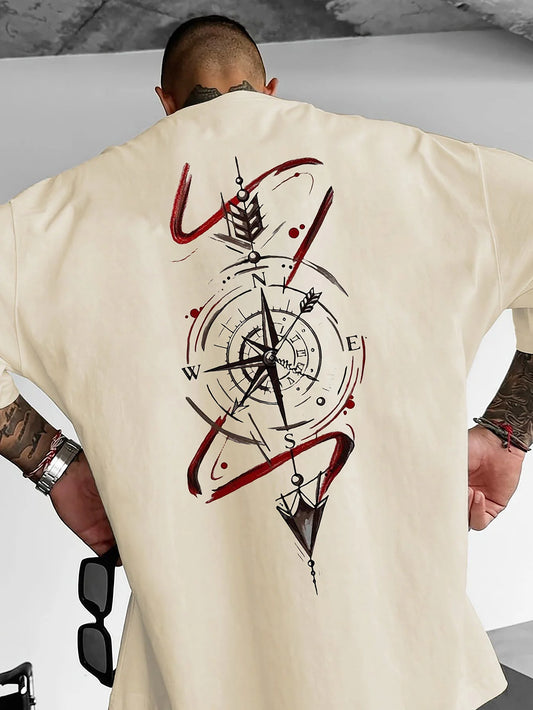 Compass Pattern Printed T-shirt Men Summer Sweat-absorbing Breathable Comfortable Top Outdoor Short Sleeve Trendy Men's Clothing