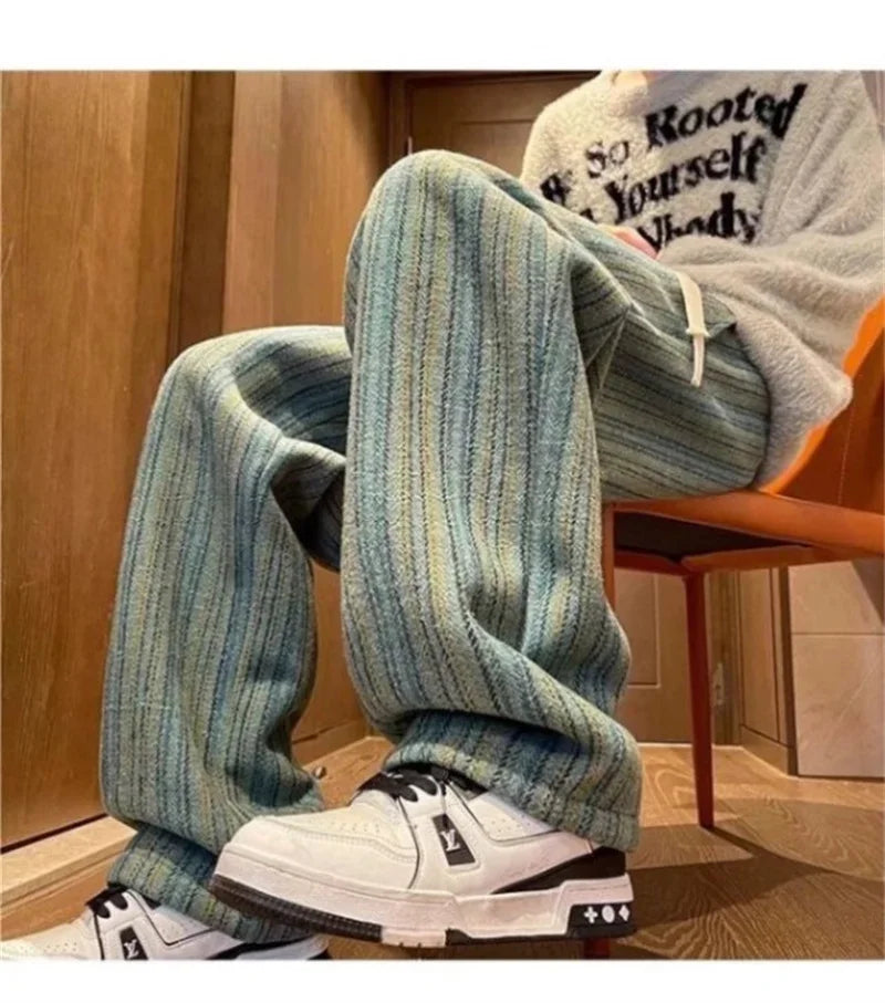2025 New Men's Striped Woolen Straight Leg Trousers Classic Y2K Vintage Baggy Pants Casual High Street Fashion Gym Sweatpants