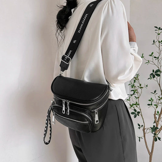 High Quality 100%Natural Cowskin Female Shoulder Crossbody Tote Genuine Leather Saddle Bags For Women Casual Wide Strap Handbags