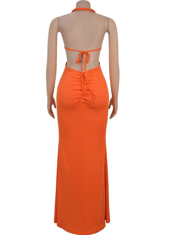 Bonnie Forest Gorgeous Cut-Out Ruched Bandage Long Dress For Women Chic Summer Halter Neck High Slit Party Dresses Beach Vestido