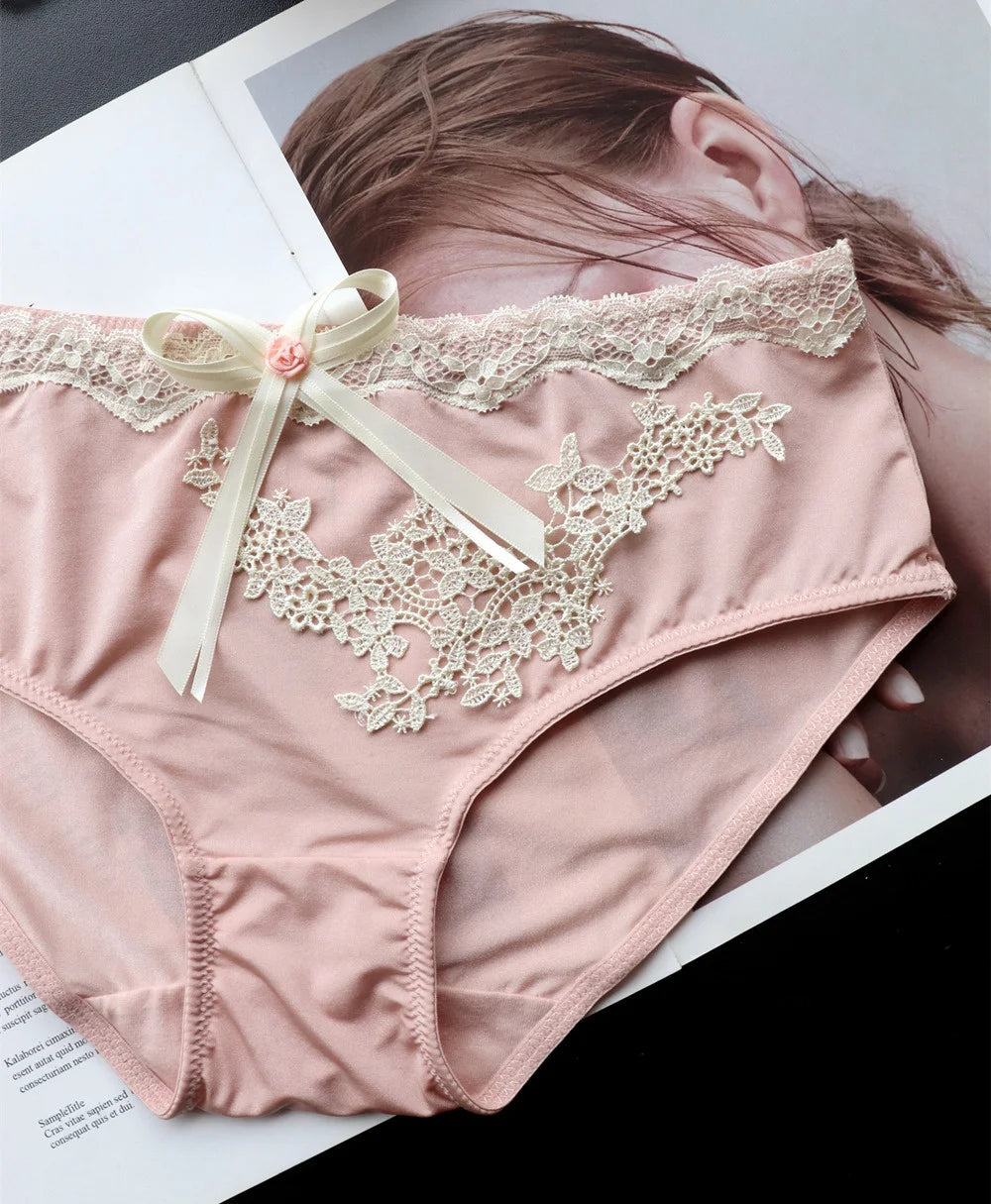 SP&CITY Flower Embroidery Ice Silk Bow Sexy Women's Underwear Low Waist Traceless Breathable Summer Thin Panties Seamless Briefs