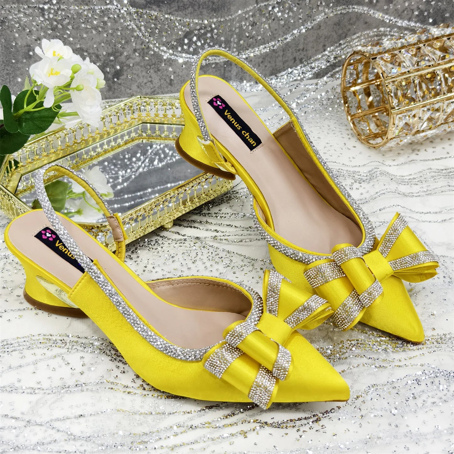 Venus Chan Italy Design 2025 New INS Shoes and Bag to Match Wine Colour Pointed-Toe Rhinestone Bow Party Women's High Heels