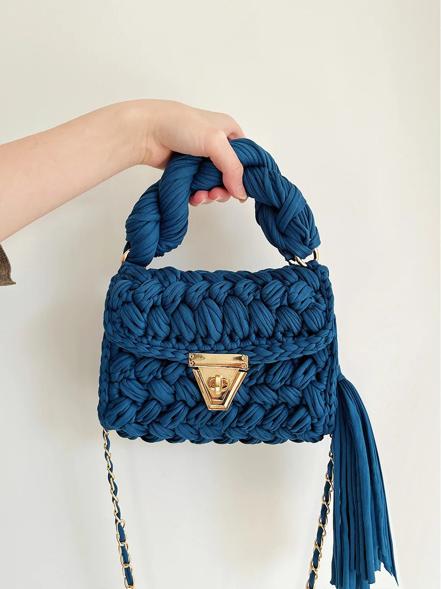 New Handmade Woven Women's Crossbody Bags Thread Hook Knitted Shoulder Bag Colorful Strip Chains Bags for Women Small Purses