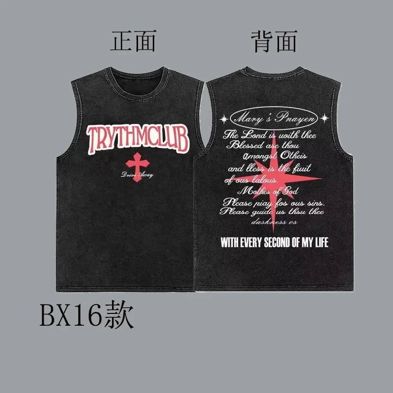 100% Cotton Hiphop Washed and Old Sleeveless T-shirt Men's Trendy Hip-hop Outer Wear Loose Sports Vest