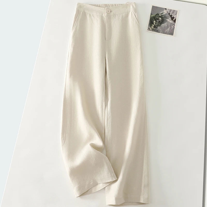 Cotton suit pants female summer new Korean fashion simple literary temperament elastic high waist leisure straight nine pants