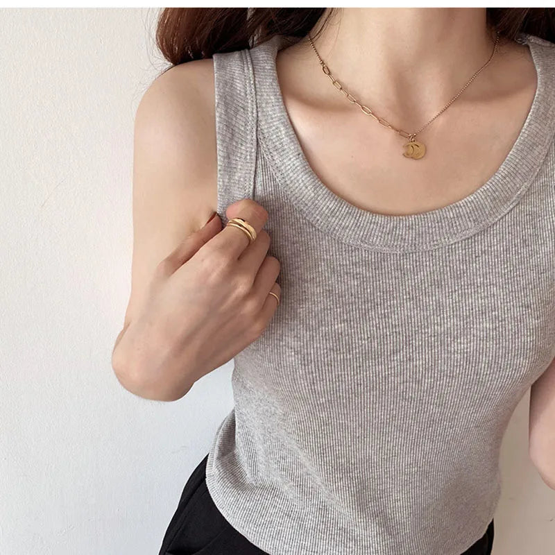 Summer Knitted Solid Color Tanks Top White Skinny Camisole Women Basic Camisole T-Shirt