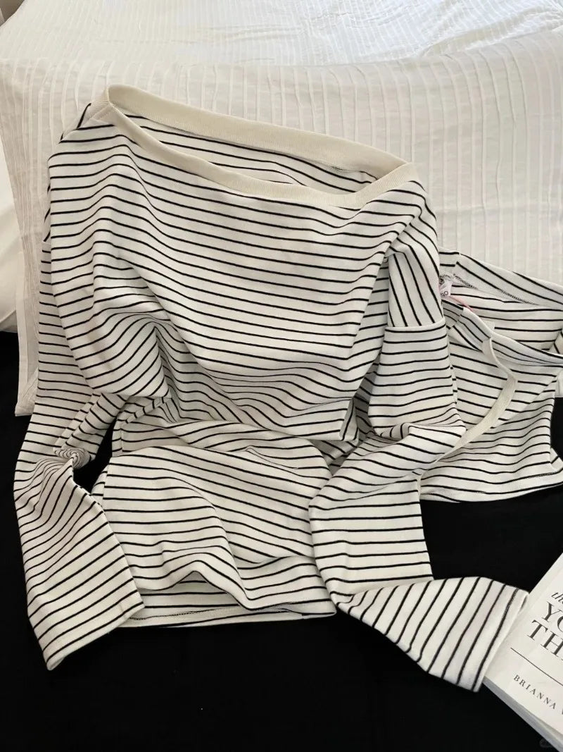 Striped Sleepwear Women Pajama Shorts Sets Long Sleeve Piiama Casual 2 Pieces Night Wears Summer Korean Casual Home Suit 2025