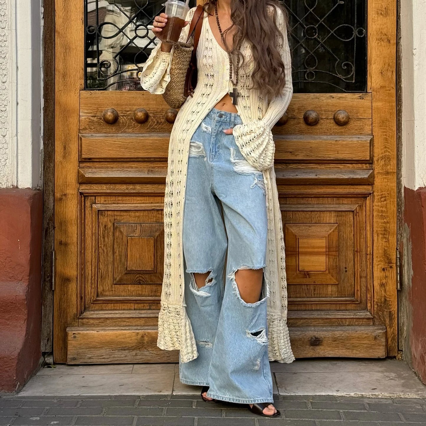 Women Knit Dress Long Sleeve Button Closure Cardigan Hollow Out Long Dress Top for Daily Street Summer Fall