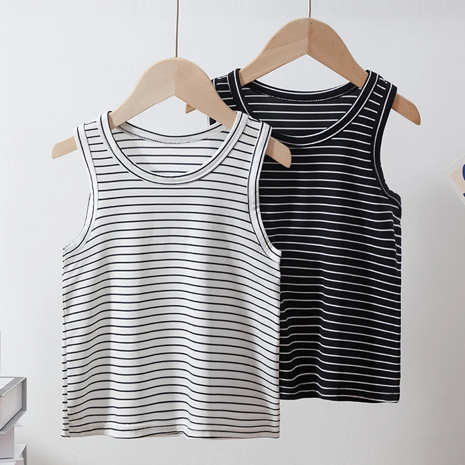 2-Pcs Children's Four Seasons Black And White Striped Vest Boy Leisure Sports Running Top Girl Basic Joker Fashion Bottoming Shi