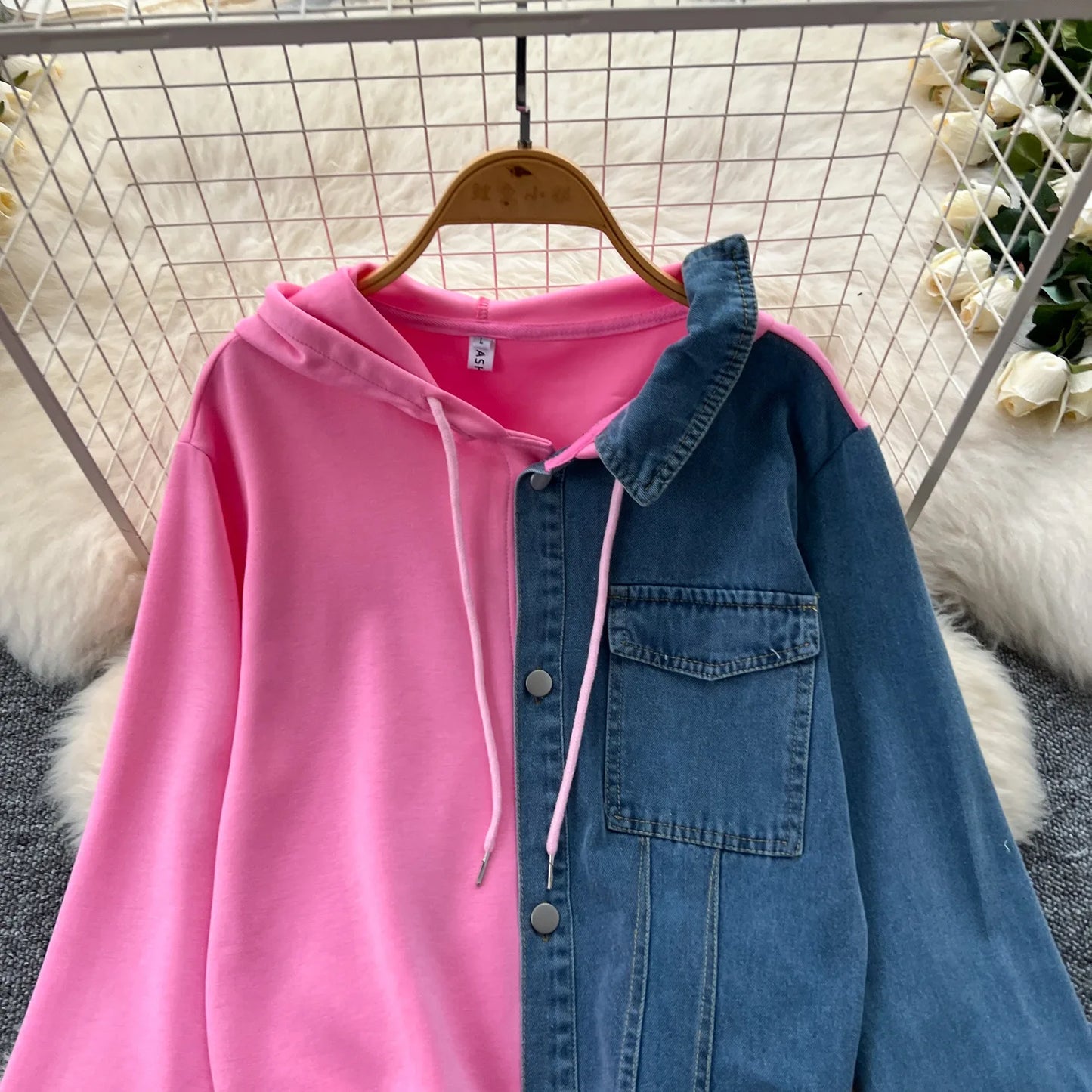 Pant Set Women Two Piece Sets Hooded Matching Sets Casual Loose Tops Wide Leg Long Pants Elastic Waist Lace Up Splice Denim 2025