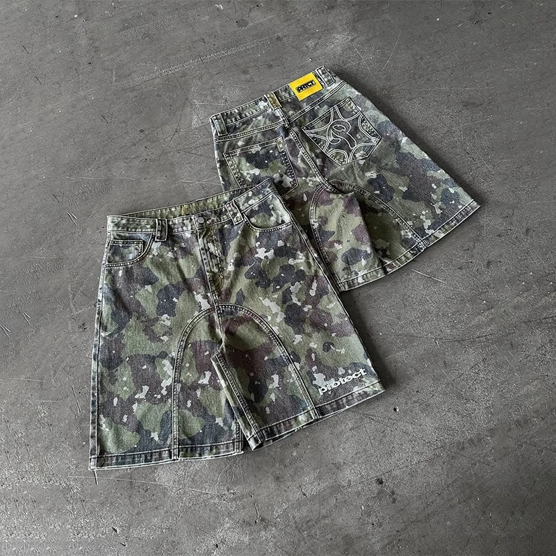 Y2K Washed Distressed Jeans Fashion Geometric Embroidery Camouflage Pattern Denim Shorts Men Women High Quality Trend Streetwear
