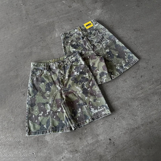 Y2K Washed Distressed Jeans Fashion Geometric Embroidery Camouflage Pattern Denim Shorts Men Women High Quality Trend Streetwear