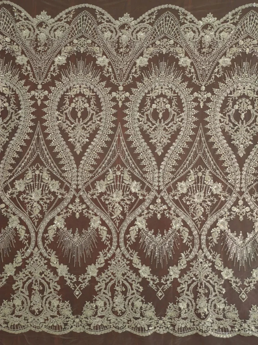 High quality luxury embroidery lace mesh ivory silver bead sequins wedding dress DIY lace clothing accessories